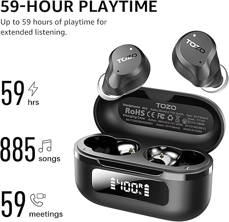TOZO Hybrid Active Noise Cancelling Wireless Earbuds, 6 Mics ENC Clear Call, IPX8 Waterproof, in Ear Bluetooth 5.3 Headphones Stereo Bass Ear Buds 59H Playtime with LED Display 32 EQs via APP