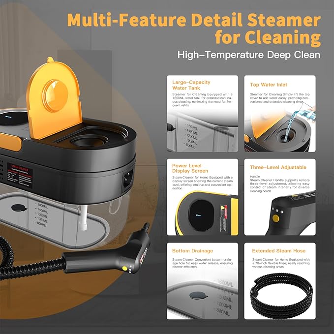 Steam Cleaner, 3-Level Adjustable Handle, 15s Heat-Up, 1.69 Quarts Tank, Portable Steamer for Cleaning with 11 pcs Accessories, Steam Cleaner for Home for Dirt, Grease, Grout, Tile,Floor,Couch and Car
