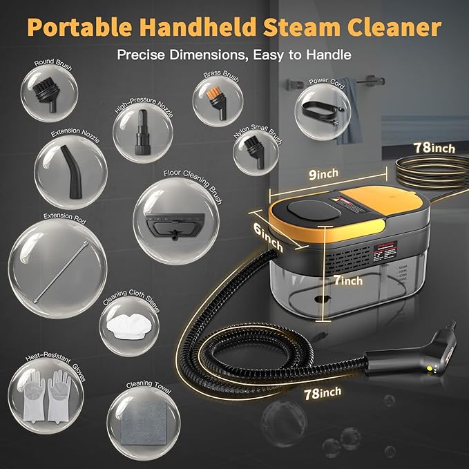 Steam Cleaner, 3-Level Adjustable Handle, 15s Heat-Up, 1.69 Quarts Tank, Portable Steamer for Cleaning with 11 pcs Accessories, Steam Cleaner for Home for Dirt, Grease, Grout, Tile,Floor,Couch and Car