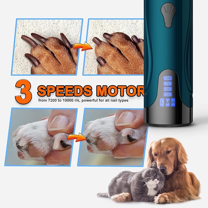 Dog Nail Grinder, Dog Nail Trimmers and Clippers Kit, Super Quiet Electric Pet Nail Grinder, Rechargeable, for Small Large Dogs & Cats Toenail & Claw Grooming,3 Speeds, 2 Grinding Wheels (A-Dark Blue)