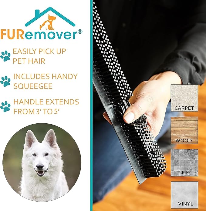 FURemover Pet Hair Rubber Broom with Carpet Rake and Squeegee, Easily Brush or Mop Away Dog Fur from Rugs, Floors, Tile and Windows, Telescopic Cleaning Handle, Black and Yellow