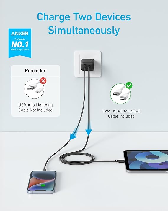Anker iPhone 16 Charger, USB C Charger, 2-Pack 20W Dual Port USB C Charger Block for iPhone 16 / 15 / 14 and More (2-Pack 5 ft USB C Cable Included)