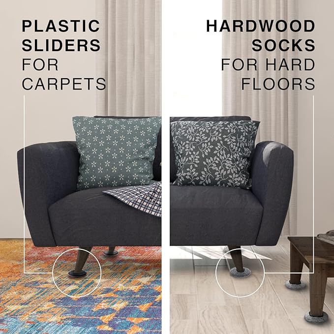 Furniture Sliders X-PROTECTOR - 4+4 Pack 5” - Multi-Surface Furniture Sliders for Carpet & Hard Floors - 4 Furniture Movers for Carpeted Floors and 4 Hardwood Socks - Move Your Furniture Easily!